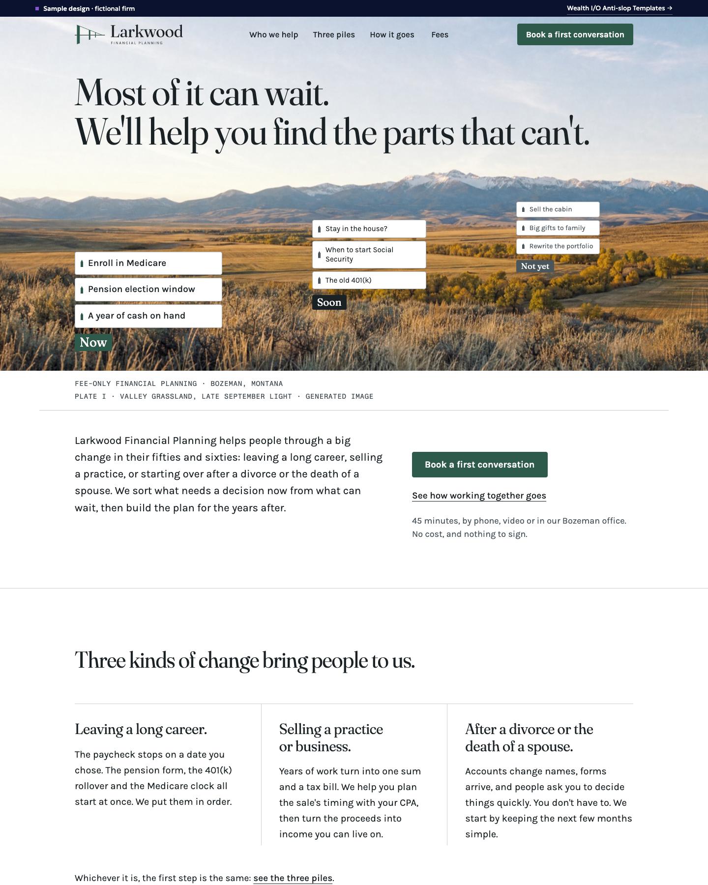 The Larkwood Financial Planning sample homepage, first screen