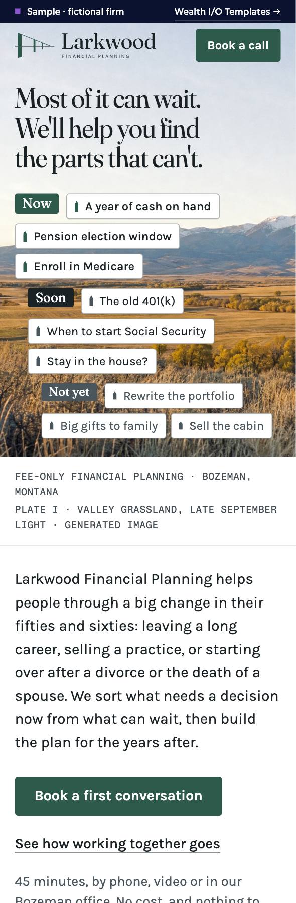 Full-page capture of the Larkwood Financial Planning sample homepage, phone view