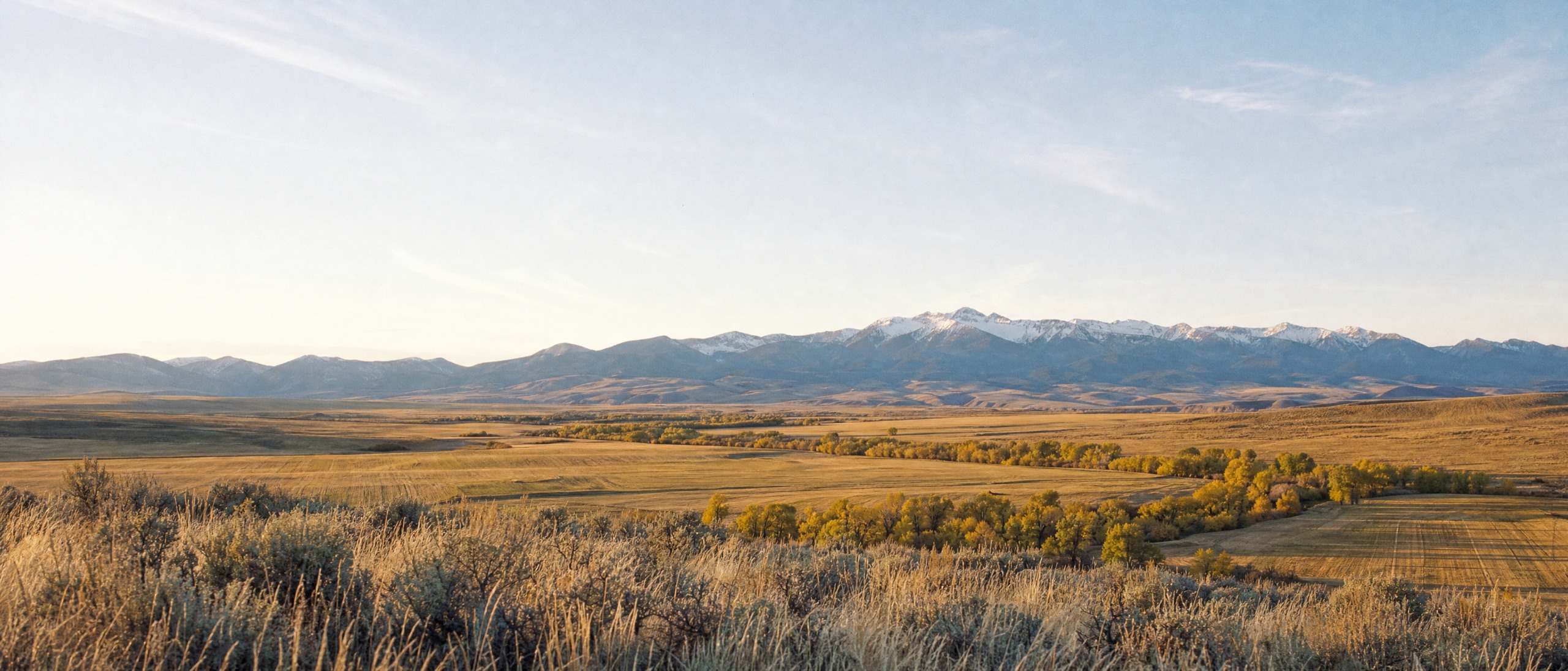 Generated image: open valley grassland in late September light, cottonwoods along a creek, a low mountain range with early snow.